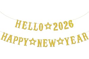 IWIIO Happy New Year Banner, Glitter Hello 2026 Happy New Year Decorations, New Year's Eve Party Gold Bunting Banner Garland Supplies 2026