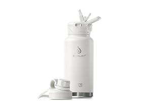 IDEUS Insulated Water Bottle with Straw 32 oz (950 ml), with 3 Leak-Proof Wide Mouth Lids Stainless Steel Water Bottles, Keeps Hot & Cold, Great for Hiking & Biking, White