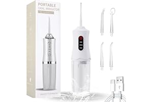 PUOKMY Munddusche Kabellos Wasserdicht, Water Flosser Zahnreinigung für Zwischenräume Zahndusche Zahnzwischenraumreiniger Ausgestattet mit 4 Düsen 1 Ladekabel, Weiß