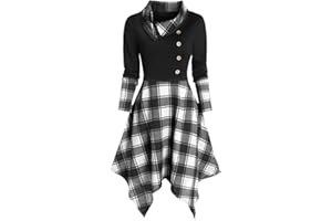 Briskorry Kleid Damen Lässiger Cowl Neck Kurz Schnüren Kariert Rock Sommer Plaid Print Asymmetrical Langarm Mini Kleider Mode 2021