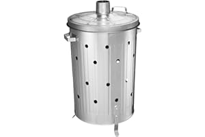 BRICOLOCO.COM Poubelle de jardin 75 litres pour feuilles, déchets et résidus. Cylindrique. Avec couvercle, poignées et pieds. Acier galvanisé. Utilisez-le comme composteur pour les engrais organiques ou les cendres