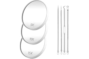 GZGXKJ 7 Pcs Maquillaje Espejo Aumento con Ventosa 2X 10X 15X Compactos Viaje Espejo Tocador Enfocado con Espinillas Extractor para Eliminación Barba y Puntos Negros, Blanco