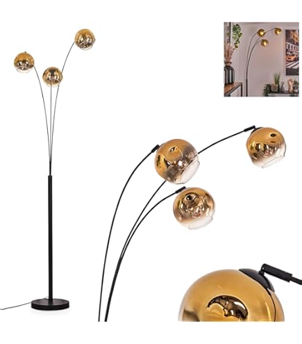 Staande lamp Ripoll, staande lamp van metaal/glas in zwart/amber kleur, lamp in modern retro/vintage design met glazen kap ( 15cm) en voetschakelaar, hoogte 210cm, 3x E14, zonder gloeilamp
