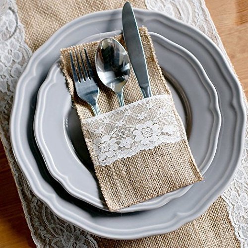 DIS 50 Stück Natur Jute Sackleinen&Lace Rustikales Besteck Messer und Gabeln Besteck Set Bestecktasche Halter Party Hochzeit Dekor , 4 x 8 inch - 7