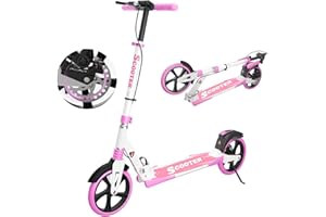 MEE GOO MEEGOO H007D Trottinette avec frein à disque et double amortisseur, roues en polyuréthane de 200 mm, roulements ABEC-7, trottinette pliable pour adulte de 18 ans et plus, plateau antidérapant – Rose