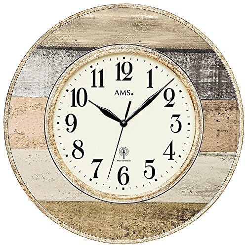 AMS 5975 Wand Dekouhr Funkuhr Funktechnik Wanduhr Rund Vintage Antik Landhaus Stil Kunststoffgehäuse in Holz dekor- Optik