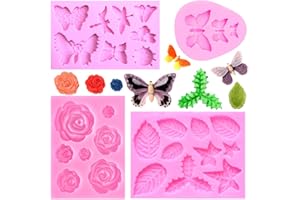 Nifocc Molde de silicona con forma de mariposa diseño de hojas de rosa libélula fondant chocolate dulces herramienta de decoración de magdalenas para decoración tartas y arcilla polimérica 4 unidades