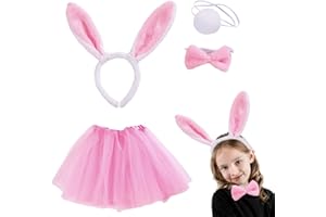 VIKSAUN 4Pcs Costume Lapin, Ensembles Lapin Déguisement Serre-Tête Bandeau Oreilles de Lapin,Cravate ,Queue en Peluche Set Costume Accessoires, Ensemble de Déguisement de Pâque Enfant Oreille de Lapin