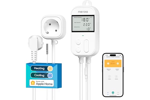 Meross Ansluten termostatkontakt för uppvärmning och kylning, 16A 3680W WiFi-temperaturregulator kompatibel med HomeKit, Alex