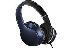 LORELEI X6 Over-Ear Headphones with Microphone, Lightweight Foldable & Portable Stereo Bass Headphones with 1.45M No-Tangle, Wired Headphones for Smartphone Tablet MP3 / 4 (Dark Blue)