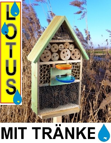 INSEKTENHOTEL,LOTUS-AUSFÜHRUNG (mit wasserabweisender Oberfläche), MIT 2 x SICHTGLAS ca. 8 mm und 11 mm (2 BEOBACHTUNGSRÖHRCHEN aus Glas, mit Zellstoff-Verschluss und Anflughilfe) MIT TRÄNKE SD und FUTTERPLATZ, Futterstelle, moosgrün grün natur Nistkasten Schmetterlinge Bienen Marienkäfer,Insektenkasten, Insektenhaus, funktionelle Garten Deko passend zum Vogelhaus oder Vogelhäuschen - 5