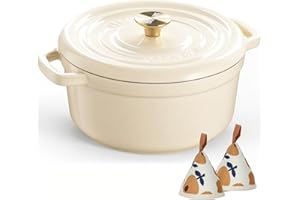 Overmont Cocotte en fonte émaillée – Casserole de 5 l avec couvercle – Livre de cuisine et maniques en coton – Batterie de cuisine robuste pour braiser, ragoûts, rôtir, cuire du pain, blanc