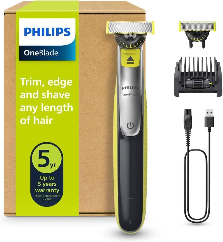 Philips OneBlade 360 Face, Authentic Hybrid Electric Beard Trimmer & Shaver with 360 Blade Innovation. Incl. 1x 360 Blade, 1 x Extra 360 Blade (8 Month Supply), 5-in-1 Adjustable Comb, Model QP2734/30
