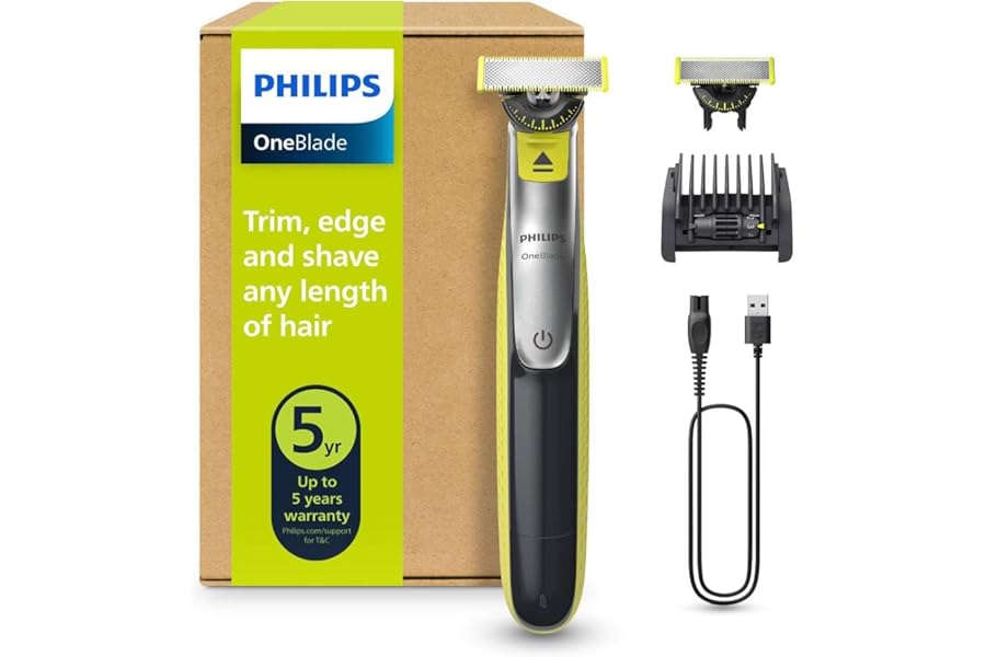Philips OneBlade 360 Face, Authentic Hybrid Electric Beard Trimmer & Shaver with 360 Blade Innovation. Incl. 1x 360 Blade, 1 x Extra 360 Blade (8 Month Supply), 5-in-1 Adjustable Comb, Model QP2734/30
