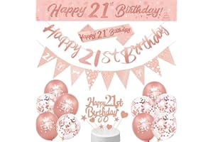 DEARLIVES 21st Birthday Decorations: Rose Gold Banner, Sash, Cake Topper, Triangle Flags, Confetti Balloons