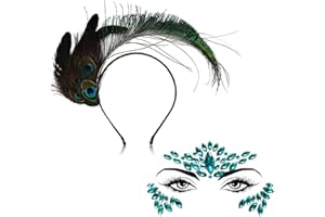 boocooberg Feder Stirnband Karneval,Pfau Haarband für Damen,Pfau Haarschmuck+Glitzersteine Gesicht,Haarreif Karneval,Glitzersteine Selbstklebend,Maskerade Karneval Party Zubehör