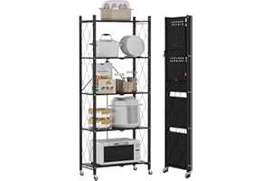 ‎DEANIC DEANIC Klappregal, 5 Regal Bücherregal, Küchenregale mit Rollen, Metallregal zur Aufbewahrung für Wohnzimmer, Speisekammer (61 x 147 x 28 cm, Schwarz)