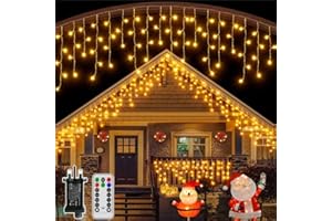 Hopexy Icicle Outdoor Christmas Lights, 216 LEDs 7.3m Waterproof Connectable Outside Fairy Light Mains Powered, Warm White Hanging String Light Plug in, for House Roof Porch Gutter Xmas Decorations
