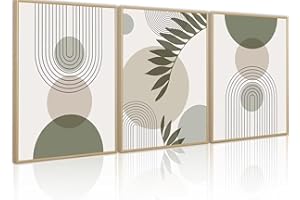 PWAAHDC Sage Green Framed Canvas Wall Art Set of 3 - Large Boho Abstract Prints for Hallway, Stairs, Bedroom, and Living Room Walls - 16"x24" (40x60cm)