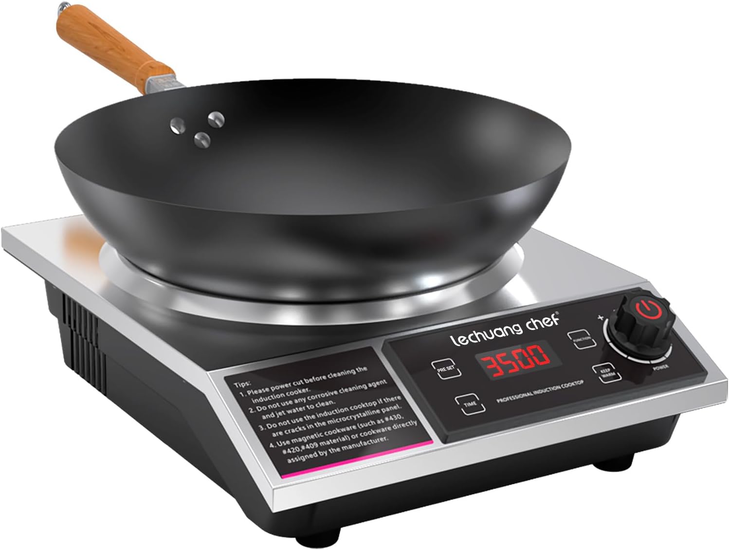 Lechuang Chef 3500W Induction Cooker with Wok, Induction Hob with Upgrade Hot Plate, 24-Hour Timer and Preset Functions, 50 KG Load Capacity, 11-Level Power and Temperature setting