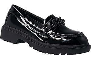 Moelund Girls School Loafers – Black Patent Scuff-Resistant Slip-On Dress Shoes with Chunky Non-Slip Sole, Chain Detail – Durable & Comfortable Uniform Shoes for Kids & Teens UK Size 1-5