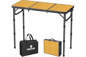FUNYKICH Mesa Plegable Camping 87x40 cm, Mesa Plegable Camping Portátil de Aluminio con 3 Alturas Ajustables (26/48/70 cm), Panel de MDF, Capacidad de Carga 30 kg, para Camping, Picnic, Barbacoa