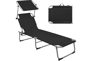 Montafox Tumbona Plegable con Parasol 195 x 59 x 32 cm Tumbona Playa Cojín Máx 150 kg Reclinable Plegables Piscina Jardín Exterior Terraza, Color:Negro