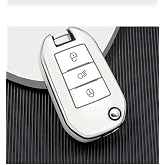 AutoHan Keys Peugeot ve Citroen Ara&ccedil;lar İ&ccedil;in Uyumlu Sustalı Anahtar Kılıfı, 3 D&uuml;ğmeli, Beyaz G&uuml;m&uuml;ş Renk, Far A&ccedil;ma Butonlu, Na