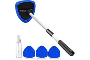 HUIBOHOU Windshield Cleaner, Car Windscreen Cleaning Tool Inside with 4 Reusable and Washable Microfiber Pads and Extendable Handle Auto Glass Wiper Kit (Blue)