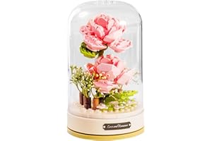 MEIEST Building Blocks Flowers Bouquet Set with Music Box and Dust-Proof Dome,DIY Simulation Artificial Particle Flower Collection Construction Building Bricks Toy,Home Decor (Pink Rose)
