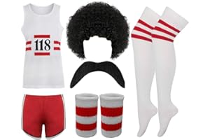 FAIRY TRENDZ LTD Mens Womens 118 Fancy Dress Costume Marathon Retro Vest Shorts Tash Socks Wig Wristband Set