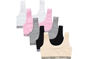 ExcellaElite 5 PCS Girls Sports Bra Seamless Training Bras U Shape Back Wide Strap Underwear Non Padded Teenage Sleep Bras Soft Cotton Crop Tops Vest Girls' Sports First Bras Age 11-12, 13-14 Years