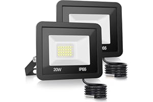 Ddlisu LED Floodlight Outdoor 20W, 2000LM LED Security Lights with 1M Wire, Waterproof IP66 Wall Light Work Lighting, Cold White 6000K Outdoor Lights for Warehouse, Garden, Backyard and More, 2 Pack