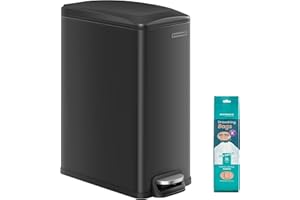 SONGMICS Kitchen Bin 48L, Slim Pedal Bin for Narrow Spaces, Rubbish and Waste Bin with Soft-Close Lid and Inner Bucket, Steel, 15 Rubbish Bags Included, Black LTB510B4802