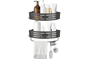ANMEISH 2 Pcs Suction Cup Shower Caddy, Aluminium Corner Bathroom Shelf, No-Drilling Tidy Shower Organizer with Towel Bar and Hooks, Removable Wall Mounted for Shampoo Razors(Grey)