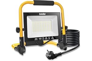 EXTRASTAR Faretto Led da Cantiere, 50W/4050Lm/IP65 Fari Led da Esterno Con Spina e Staffa Pieghevole, Rotazione 360°, Lampada da Lavoro per Edilizia, Officina, Campeggio, Garage
