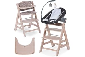 Hauck Beta Plus Newborn Set Deluxe - Baby Holz Hochstuhl ab Geburt mit Liegefunktion - inkl. Aufsatz für Neugeborene, Sitzpolster, Tisch - mitwachsend, verstellbar - Whitewashed Beige
