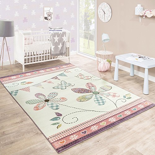 Kinderteppich Mädchenteppich Verspielt Blumig Pastell Farben Rosa Weiß Creme, Grösse:160x220 cm