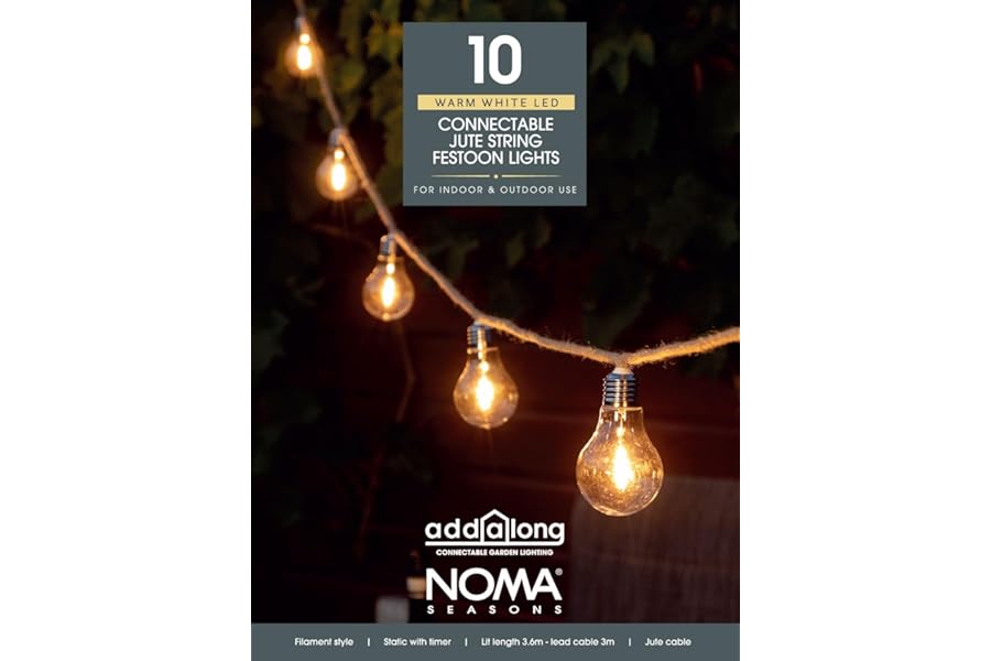Noma Connectable Jute Rope Festoon Garden Lights, 10 Warm White LED's, 6.8 m