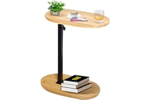 KUKKUME Stolik pomocniczy w kształcie litery C, z regulacją wysokości, mały stolik z drewna bambusowego i metalowy, stolik kawowy, stolik boczny, stolik do łóżka, do salonu, łazienki, łóżka, sofy i kawy