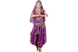 keephen Danza del Vientre Disfraz para Mujer, Danza India Outfits Top + Pantalones + Cadena de la Cintura + Cadena de la Cabeza Barbijo