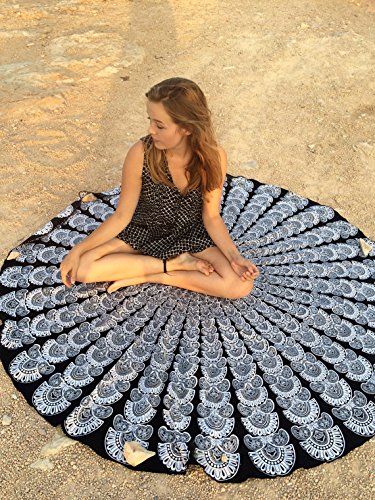 urbancharm- schwarz & weiß indischen Pfauenfeder Mandala rund Roundie Beach Überwurf Tapisserie Hippie Boho Gypsy Baumwolle Tischdecke Strandtuch - 3
