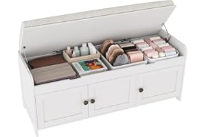 HOME BI Shoe Bench, Storage Bench with Padded Seat Cushion, Bench with 3-Door Storage Cabinets,Shoe Cabinet for for Entry, Bedroom, Cloakroom, Living Room and Hallway (105Wx38.5Dx45.5H cm/White)