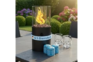 TOM Innovation XXL Gas Tischkamin - 12 Stunden Brenndauer für Indoor & Outdoor – Tisch Kamin Set – Tischfeuer mit Deko-Steinen – Plus 3X 190 g Stechgaskartusche