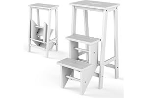 COSTWAY Taburete Plegable de 3 peldaños, Escalera Madera Multifuncional con Escalones Reversibles, Silla Escalera de Madera con Asa de Transporte, Escalera Portátil para Escalar (Blanco)