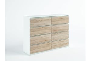 meble masztalerz - Cassettiera Bianco/Sonoma Opaco - 8 cassetti - 120 x 101,5 x 39 cm - Cassetti Senza Maniglie - Cassettiera Camera da Letto