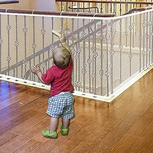 JIFTOK Baby Gate for Stairs, Banister Guard for Kids, Pets, Toys, 15ft L x 2.66 ft H, Mesh Netting Safety Net for Balcony Rail Stair, Stairway Net Baby Safety Products for Indoor & Outdoor (White)