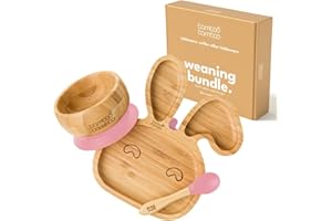 bamboo bamboo Baby Plate & Bowl Weaning Set for Feeding and Weaning, Bamboo Bunny Plate, Toddler Bowl & Baby Spoon, Suction Plates for Babies from 6 Months (Bunny, Pink