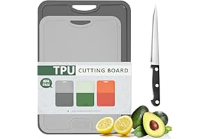 Gintan 2 Pack Flexibles TPU Schneidebrett, BPA-frei, mit Messer- und Saftrille, kratzfeste flexible Schneidebretter für die Küche, spülmaschinenfest, griffiger Griff, rutschfest (GrauM+GrauS)