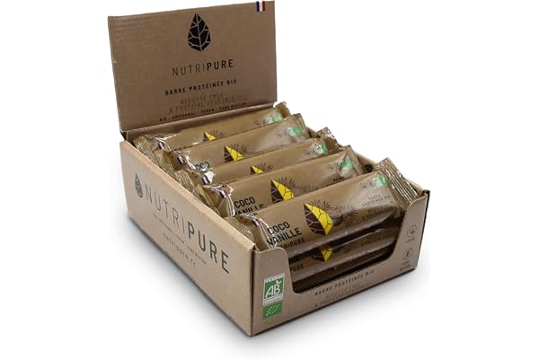 Nutripure | Raw Barre Bio | Barre Protéinée Coco Vanille | Vegan et Bio | Riche en Dattes, Beurre de Cacao et Fruits Secs | Snack Sain et Gourmand Sans Conservateur | Pack de 20 | Fabriqué en France